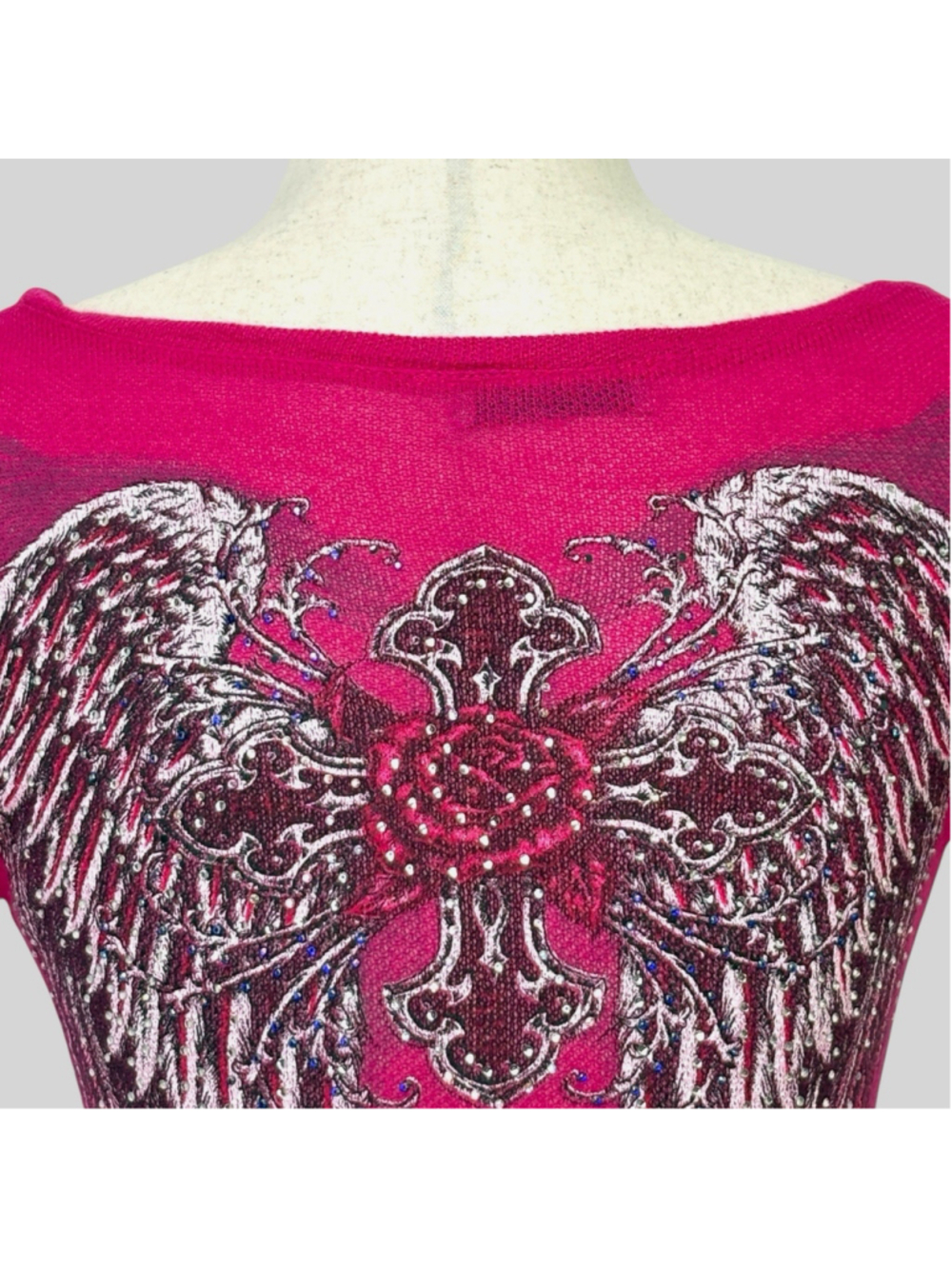 Rhinestone Angel Wings Rose Cross Top S Cyber Y2K Mall Goth From LA By Bus Stop - Picture 8 of 16
